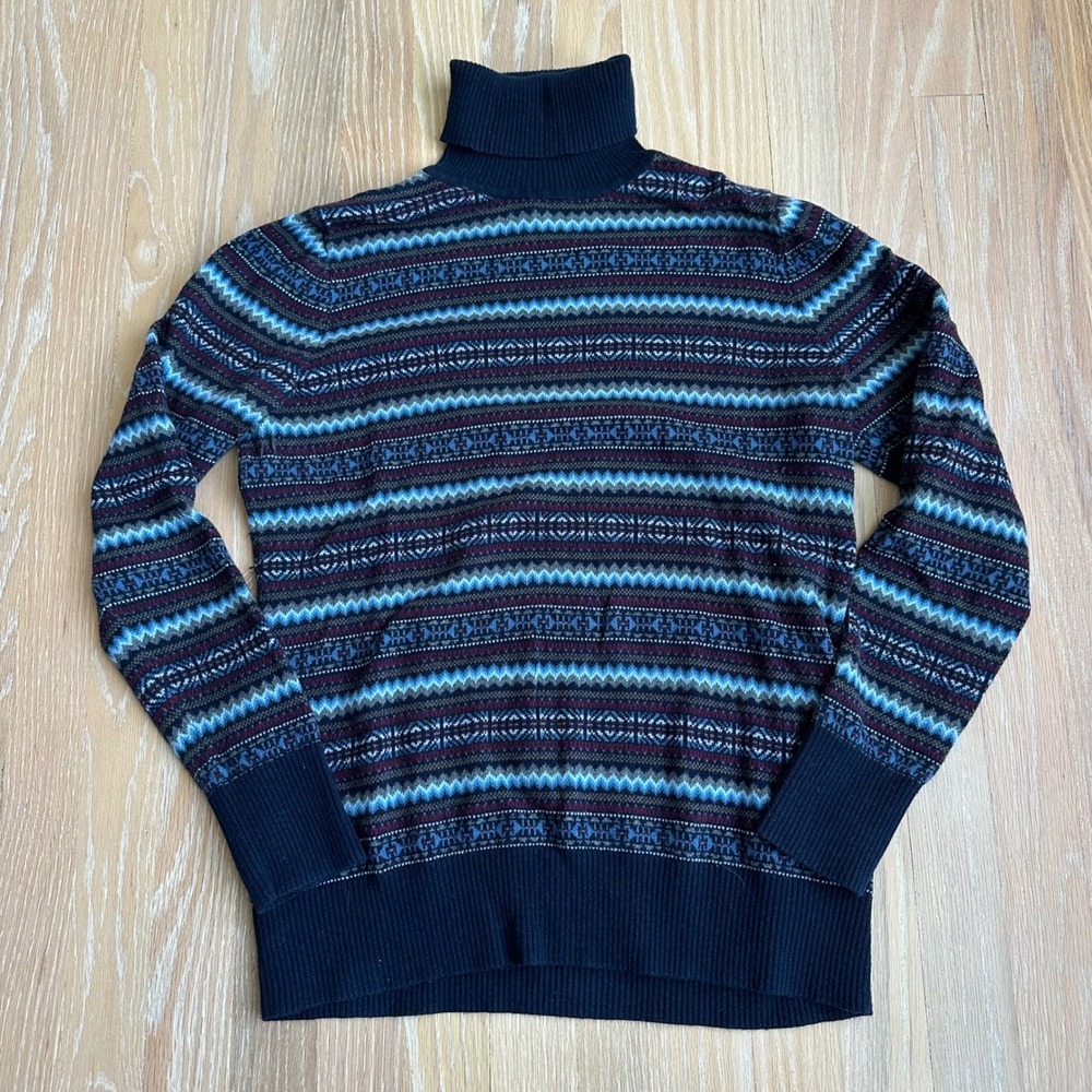 L.L. Bean Womens Fair Isle Turtleneck Sweater Cashmere Apres-Ski Preppy Navy M